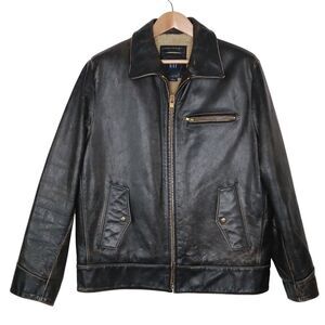 Vintage Y2K GAP Men’s M Leather Bomber Trucker Jacket Sherpa Fleece Distressed